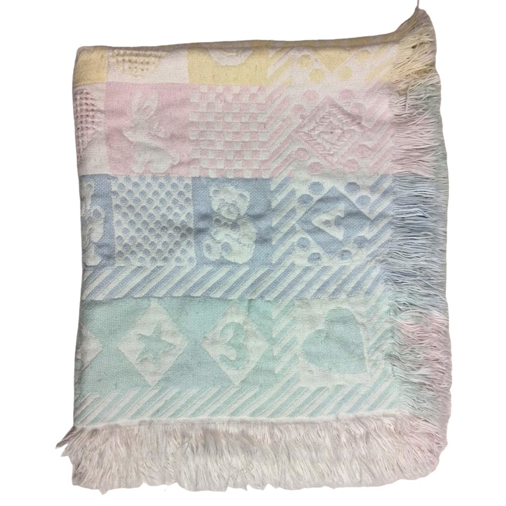 Vtg Pastel Tapestry Baby Blanket Fringe Pink Blue Yellow Green Bear 1 2 3 A B C